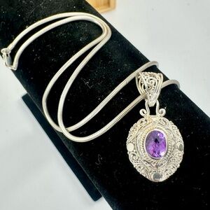 SARDA Sterling Silver Bali Filigree Scroll Purple Amethyst Pendant Necklace
